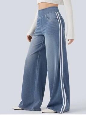 Halara Flex High Waisted Blue Wide Leg Jeans with White Stripes